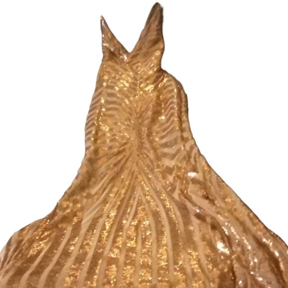 Women's V-neck Rose Gold Elegant Evening Gowns Maxi Dress - Picture 4 of 10